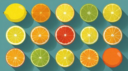 Fototapeta premium Fresh citrus fruits, lemon and orange slices, flat design illustration