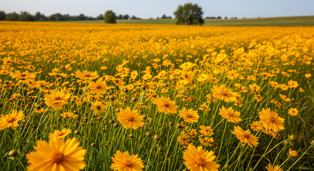 Obraz premium A wide field of yellow coreopsis flowers stretching into the distance under a blue sky.