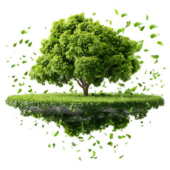 Fototapeta premium Surreal representation of nature: a floating green island with a tree and leaves