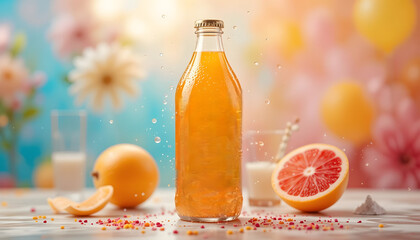 Transparent Glass Juice Bottle with Fresh Grapefruit and Summer Light – Refreshing Beverage Packaging Mockup Design