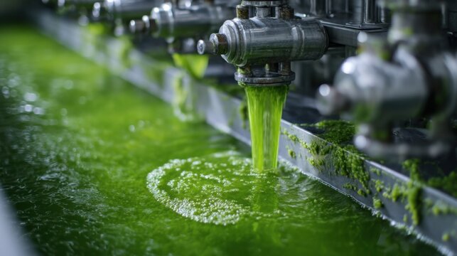 An image capturing a hightech filtration system separating algae biomass after harvesting emphasizing the transition from cultivation to biofuel precursor extraction.