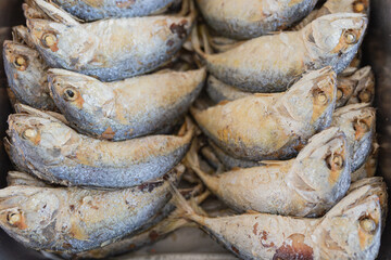 Fried asian mackerel on white dish, Thai food culture, pla too, fried Indo-Pacific mackerel.