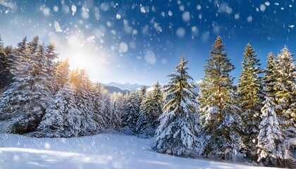 Fototapeta premium beautiful snowflakes fall gently on evergreen branches creating a serene winter atmosphere in a natural landscape