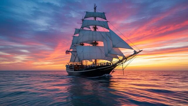 Majestic sailing ship sails across a vibrant sunset sky over calm ocean waters.