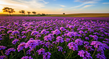 Fototapeta premium Wide field of purple verbena flowers under a bright sky at sunset.