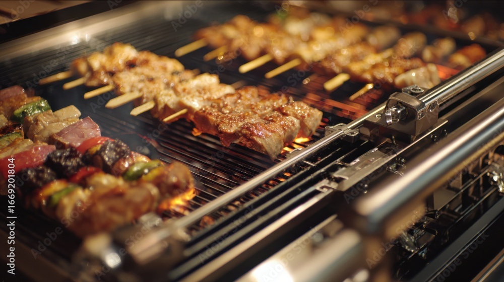 Poster detailed medium shot capturing robotic mechanism adjusting yakitori skewers over distinct heat areas
