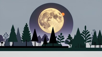 Fototapeta premium Large glowing full moon above a forest silhouette creating a peaceful nighttime landscape. Ideal for nature, seasonal, astronomy, camping, and atmospheric themes.