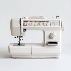 A white sewing machine with a silver handle