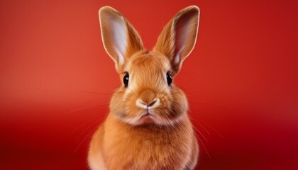 cute and lively orange rabbit sitting on red background with bright eyes and soft fur perfect for animal lovers and nature enthusiasts