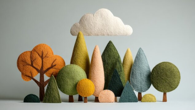 Fabric trees of varying shapes and colors are arranged with a white cloud backdrop