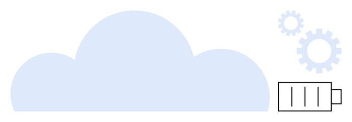 Large cloud with two gears and a battery icon, representing data storage, energy efficiency, and digital processing. Ideal for technology, sustainability, IT, innovation, energy cloud services