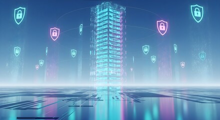 Surreal Sky Data Tower with Protective Holographic Shields