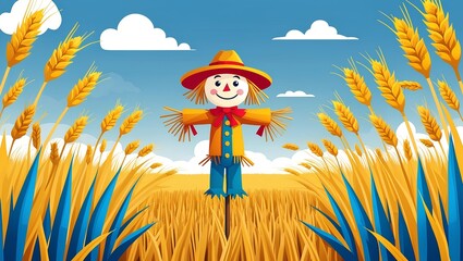 a scarecrow standing in a vast golden wheat field with tall sun-kissed stalks swaying gently in the breeze