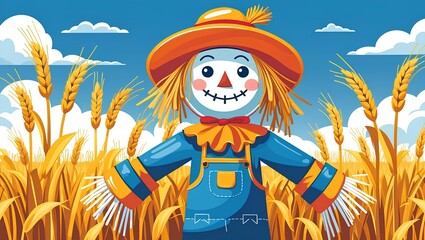 a cheerful scarecrow in a golden wheat field with bright sky and stalks swaying under sunlight.