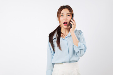 Phone asian woman talking sad surprise shock expression, receives shocking news on cellphone,...