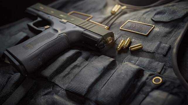 Tactical Gear Handgun Ammunition Resting on a Bulletproof Vest Texture - Powered by Adobe