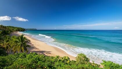 scenic tropical beach with gentle waves and lush greenery under clear blue sky