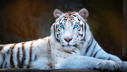 a relaxed white tiger with striking blue eyes and a pink nose rests calmly