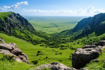 Fototapeta premium Majestic Valley Vista: Lush Green Landscape Between Rugged Mountain Cliffs.