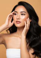 Fototapeta premium A serene portrait of a beautiful woman, capturing her elegance. She is touching her face delicately. With her radiant skin and long dark hair