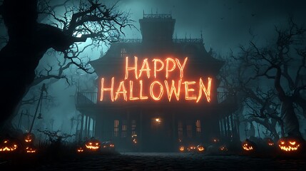 Spooky halloween scene with a haunted house and orange pumpkins under a foggy night sky backdrop halloween art