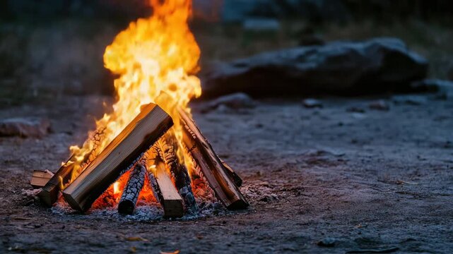 Roaring campfire with bright flames, surrounded by logs on patch of ground