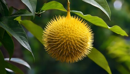 a spiky bright yellow spherical seed pod hangs among green leaves in a natural outdoor setting