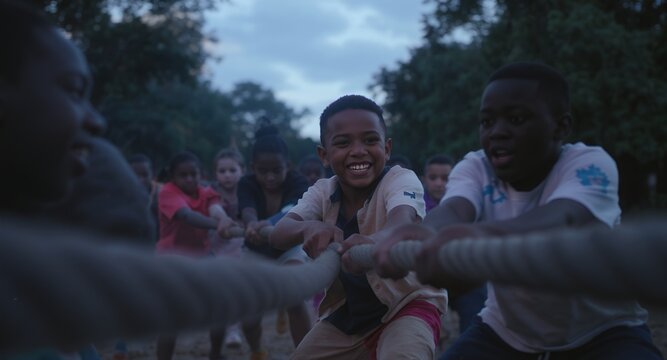 Group of Children Playing Tug of War in a Park Setting