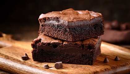 delicious double chocolate brownies stacked on a wooden board
