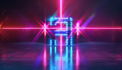 Neon number 59, pink and blue laser beams, dark reflective floor, futuristic background, digital countdown