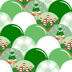 Winter and Christmas Themed on fish scales Seamless Pattern. Christmas balls, Snowflakes, Christmas tree, Candles, Christmas presents. Designed for fabric, art wallpaper, textiles, wrapping, rugs.