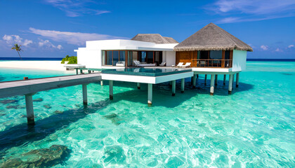 Fototapeta premium Overwater Luxury Villa with Glass-Bottom Pool Above Transparent Turquoise Waters