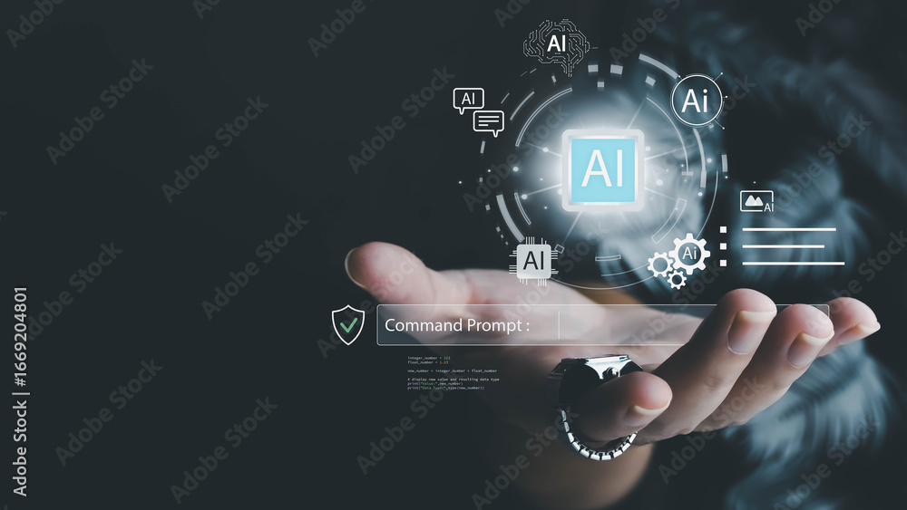 Aufkleber a person's hand holds a holographic interface, using a command prompt to interact with artificial in