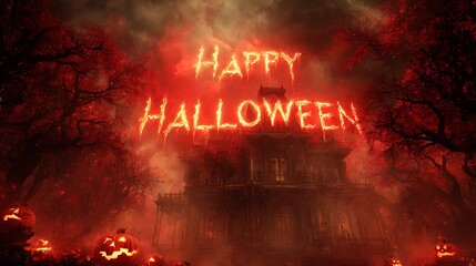 A spooky halloween scene with a haunted house and glowing happy halloween text and jack o lanterns halloween art