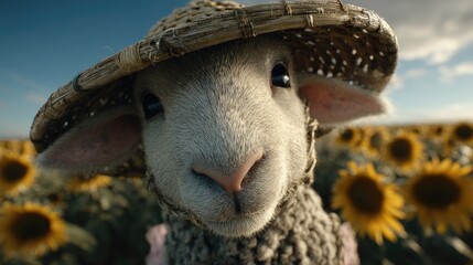 Obraz premium Close-up of a sheep wearing a straw hat in a sunflower field.