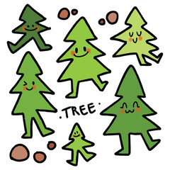 Hand Drawn Cartoon Pine Trees and Forest Doodle Vector
