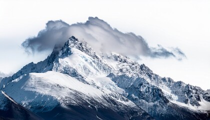 snow covered mountain peak with clouds on a white isolated background