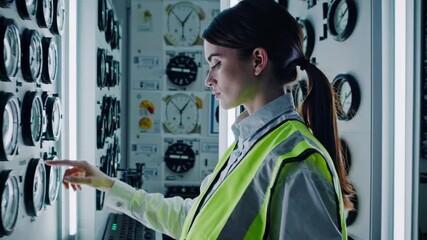 Female industrial engineer wearing a high visibility vest monitoring a control panel for power usage and system performance in an industrial factory setting - Powered by Adobe