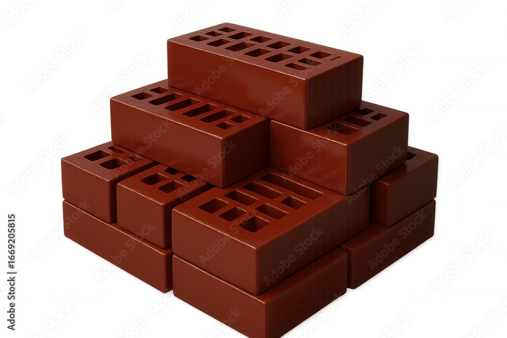 Poster red bricks are stacked in a pyramid shape, creating a visually appealing arrangement against a trans