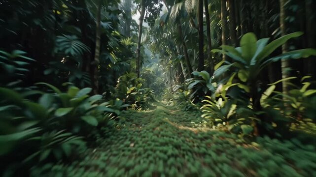 Dynamic point of view moving swiftly along a verdant, overgrown trail deep within a remote tropical rainforest