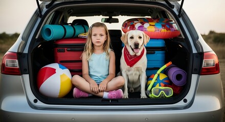 Ready for Adventure Family Vacation Travel with Car, Dog, Luggage, and Beach Gear