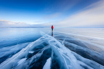 A person in a red jacket walks on a vast frozen lake with clear blue ice cracks under a wide sky.