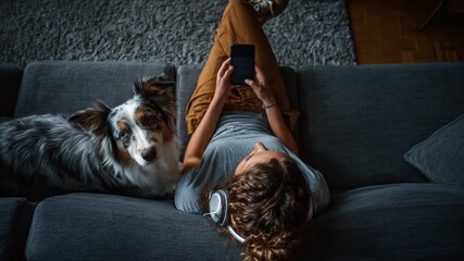A woman relaxes on a couch with headphones, using her phone while her dog rests beside her - Powered by Adobe