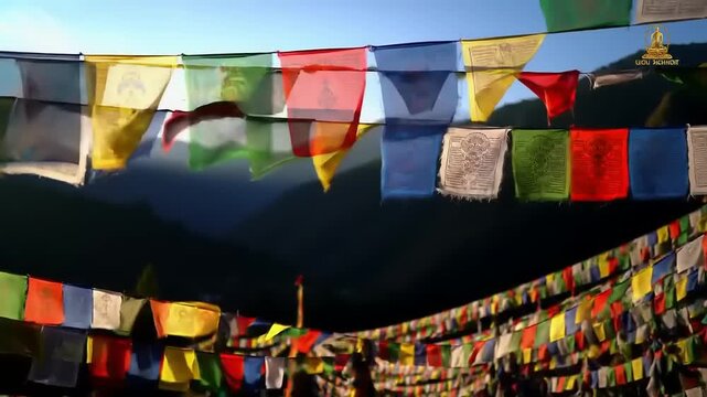 Prayer flags with mountain sunrise, and Bhutan.