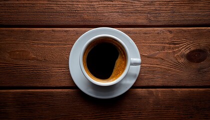 photo of a cup of coffee on a wooden table seen from a top down perspective