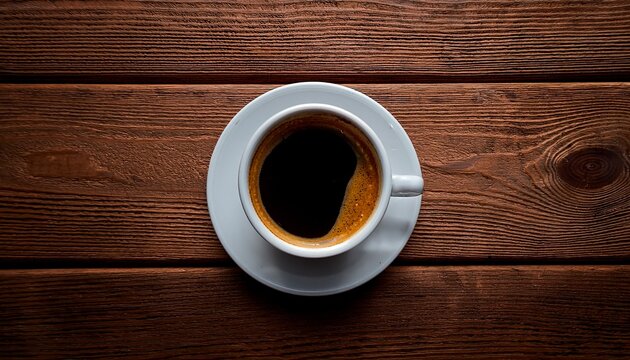 photo of a cup of coffee on a wooden table seen from a top down perspective