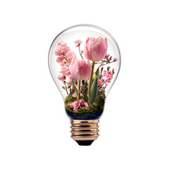 Floral innovation: Captivating light bulb filled with blossoming flowers on black backdrop
