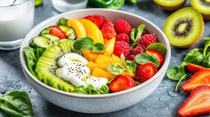 Vibrant Rainbow Fruit and Yogurt Salad Bowl, Healthy and Delicious