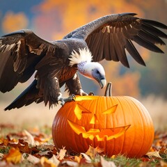 A large bird of prey investigates a carved jack-o'-lantern in an autumnal setting
