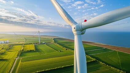 Offshore wind turbine aerial view, coastal farmland, sunset